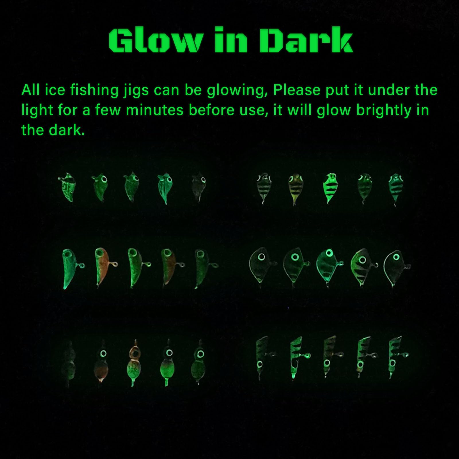 Close-up of luminous jig heads glowing in the dark