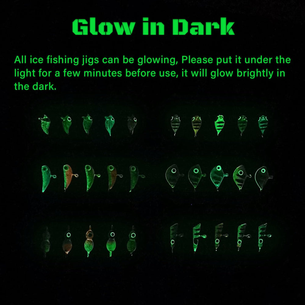 Close-up of luminous jig heads glowing in the dark