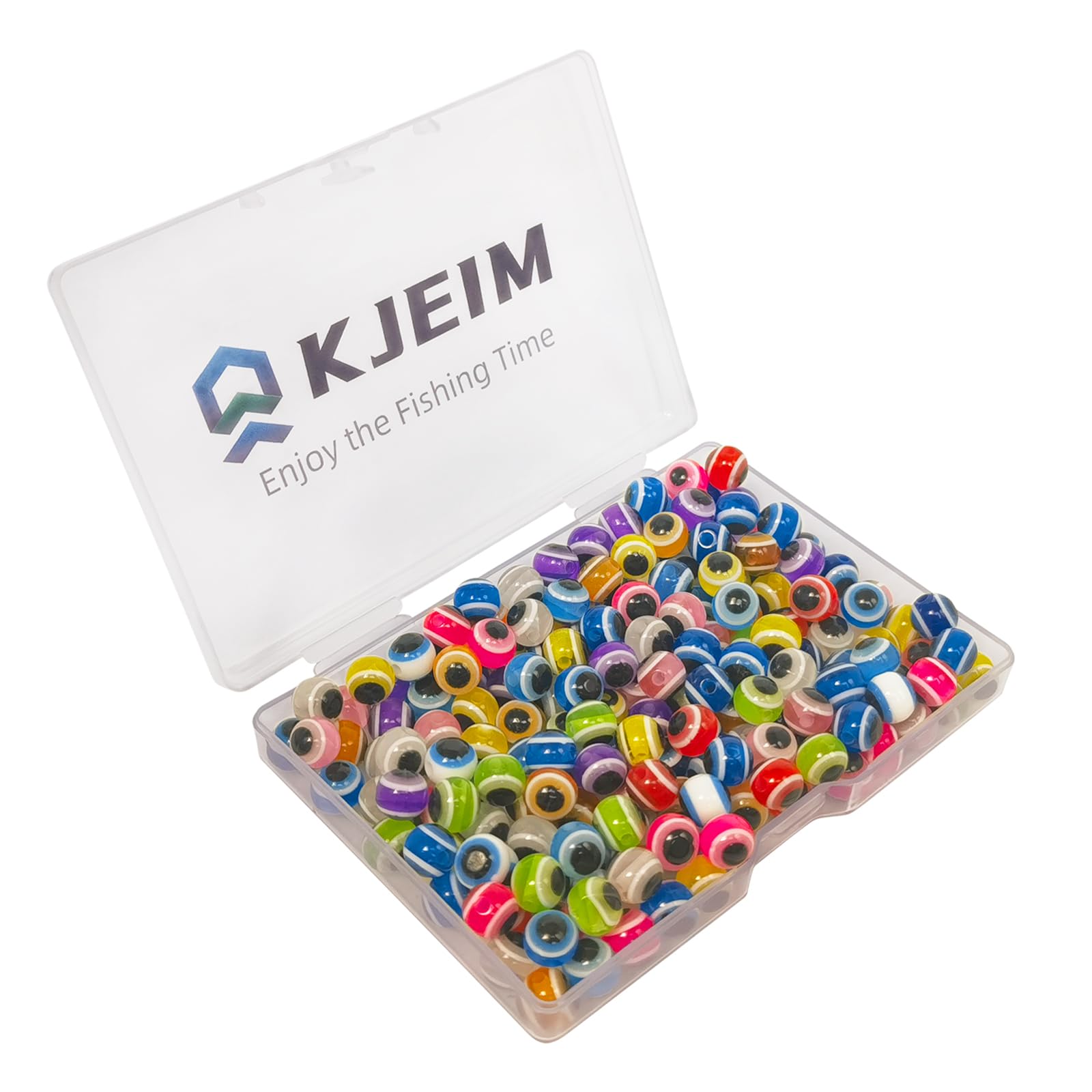KJEIM fishing eye beads in mixed colors 6mm, 8mm, and 10mm in a plastic storage box