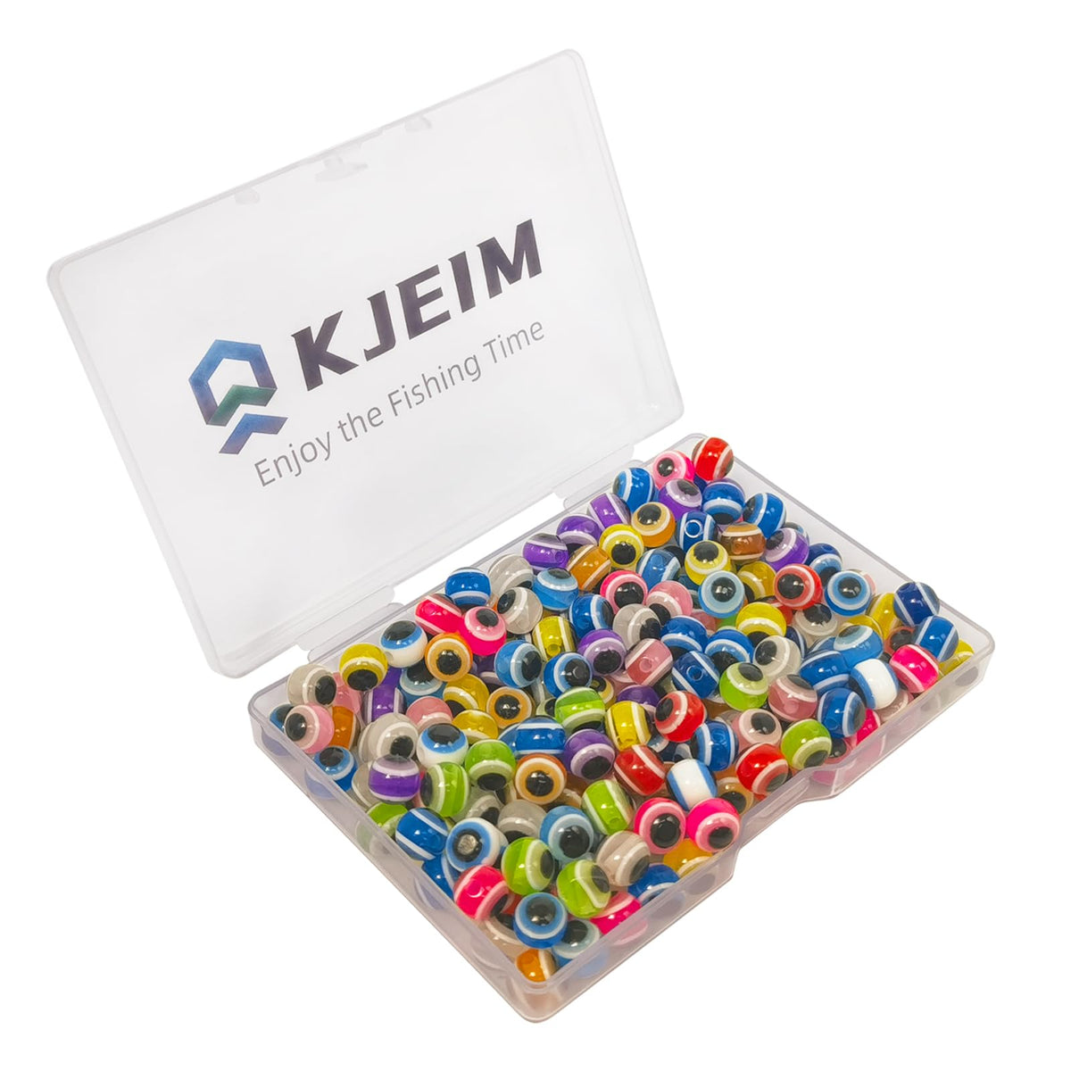 KJEIM fishing eye beads in mixed colors 6mm, 8mm, and 10mm in a plastic storage box