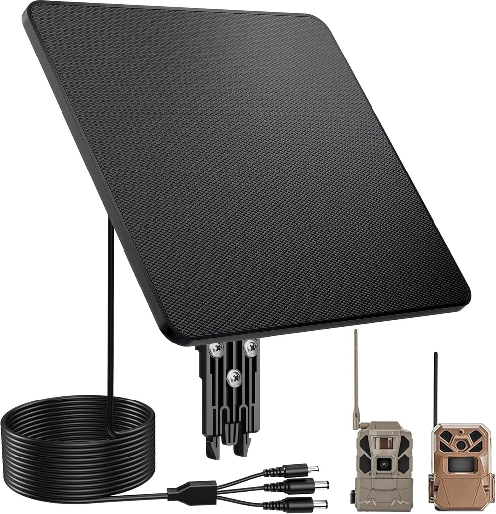 KJK 6W trail camera solar panel front view powering outdoor monitoring with compact reliability.