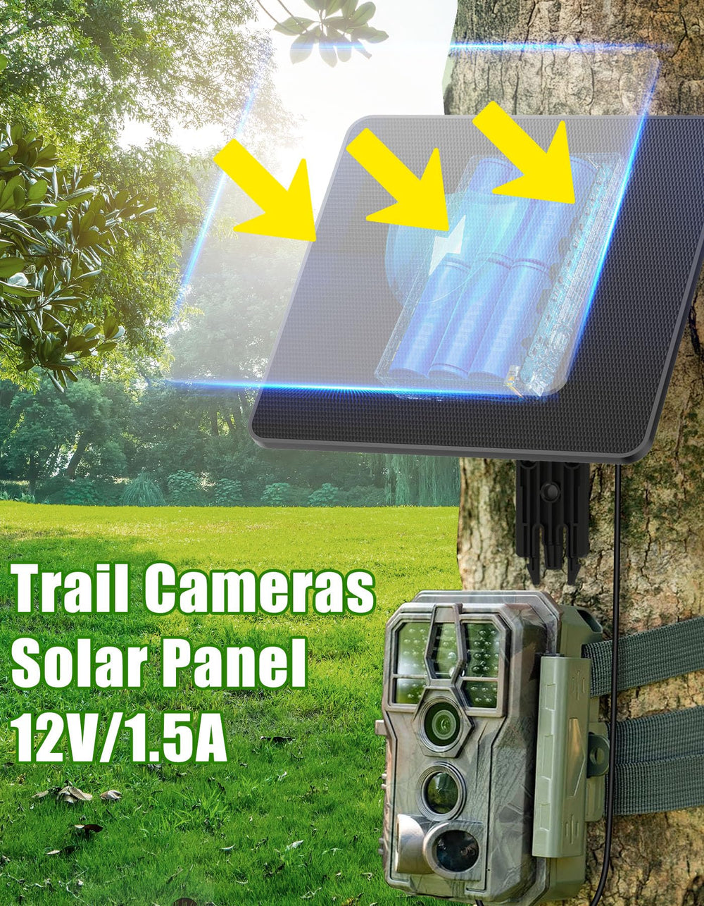 KJK 6W solar panel mounted on a tree enables steady wildlife surveillance.