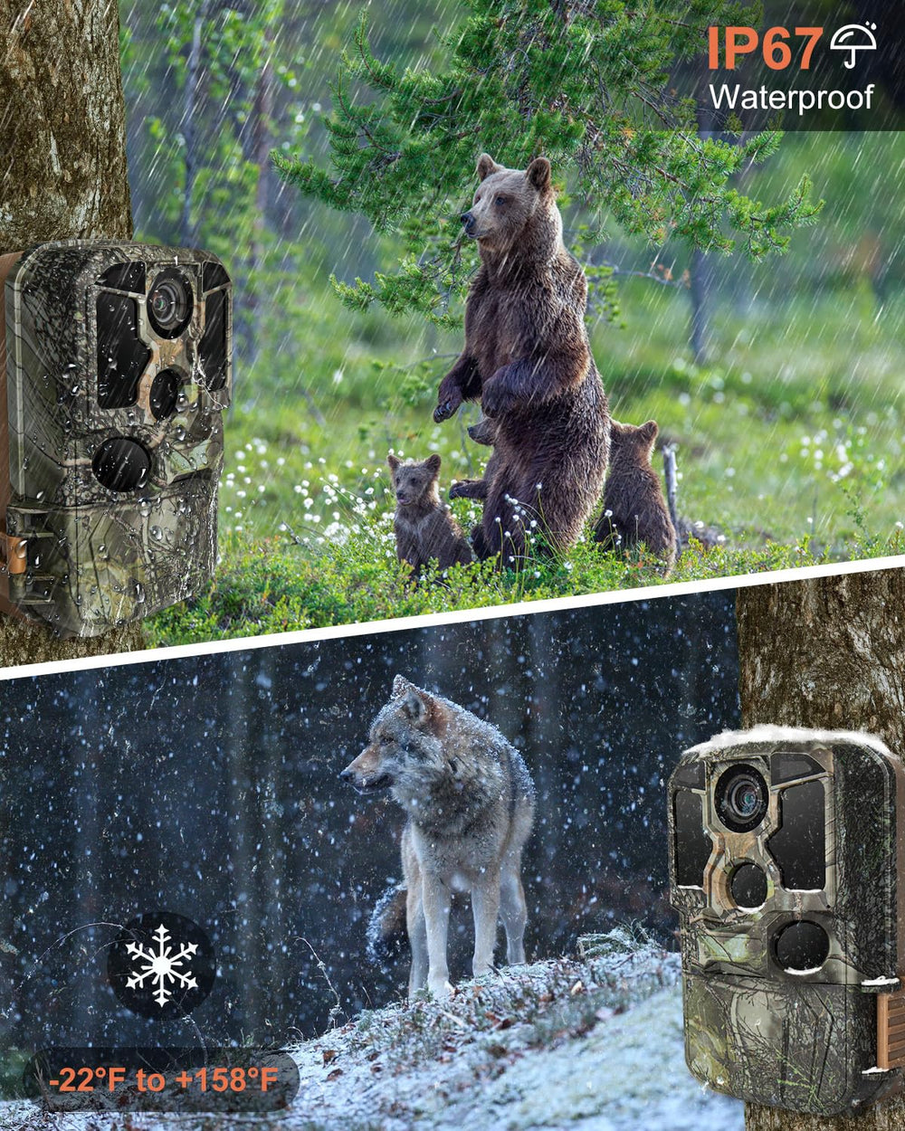 KJK Trail Camera operating range from -22°F to 158°F for rugged use.