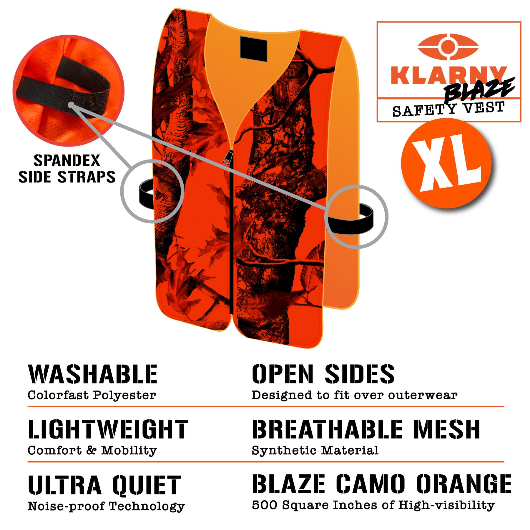 Klarny Outdoors hunting vest closeup shows durable stitching and camo contrast