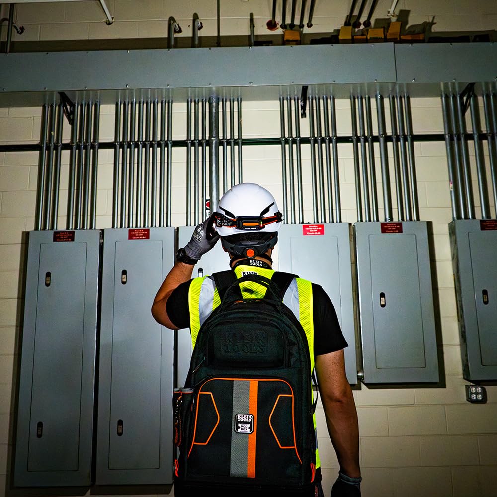 Klein Tools 56308 headlamp worn on hard hats for safe, hands-free lighting.