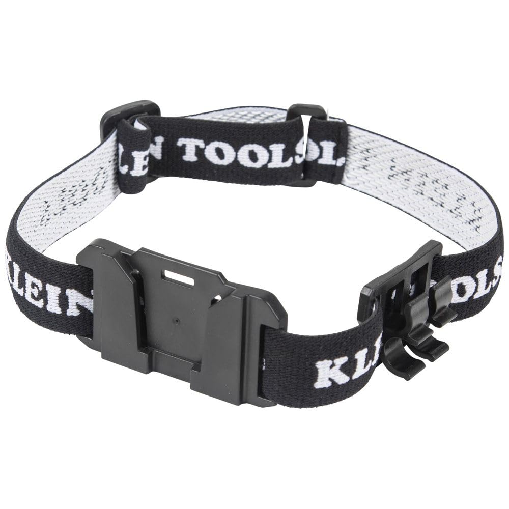 Klein Tools headlamp bracket closeup showing secure mounting for reliable hands-free lighting.