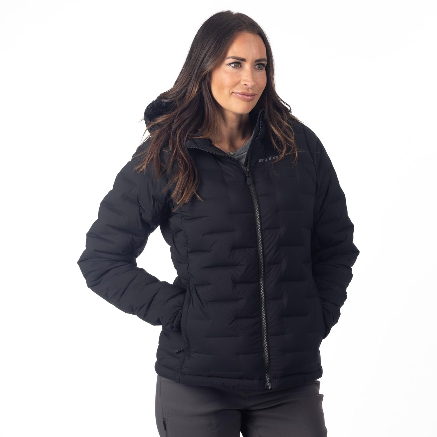 KLIM Luna stretch down hooded jacket on model showing warmth and fit for outdoor use