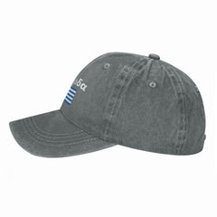 KLIUXBF Greece flag denim cap side profile with vintage wash style.