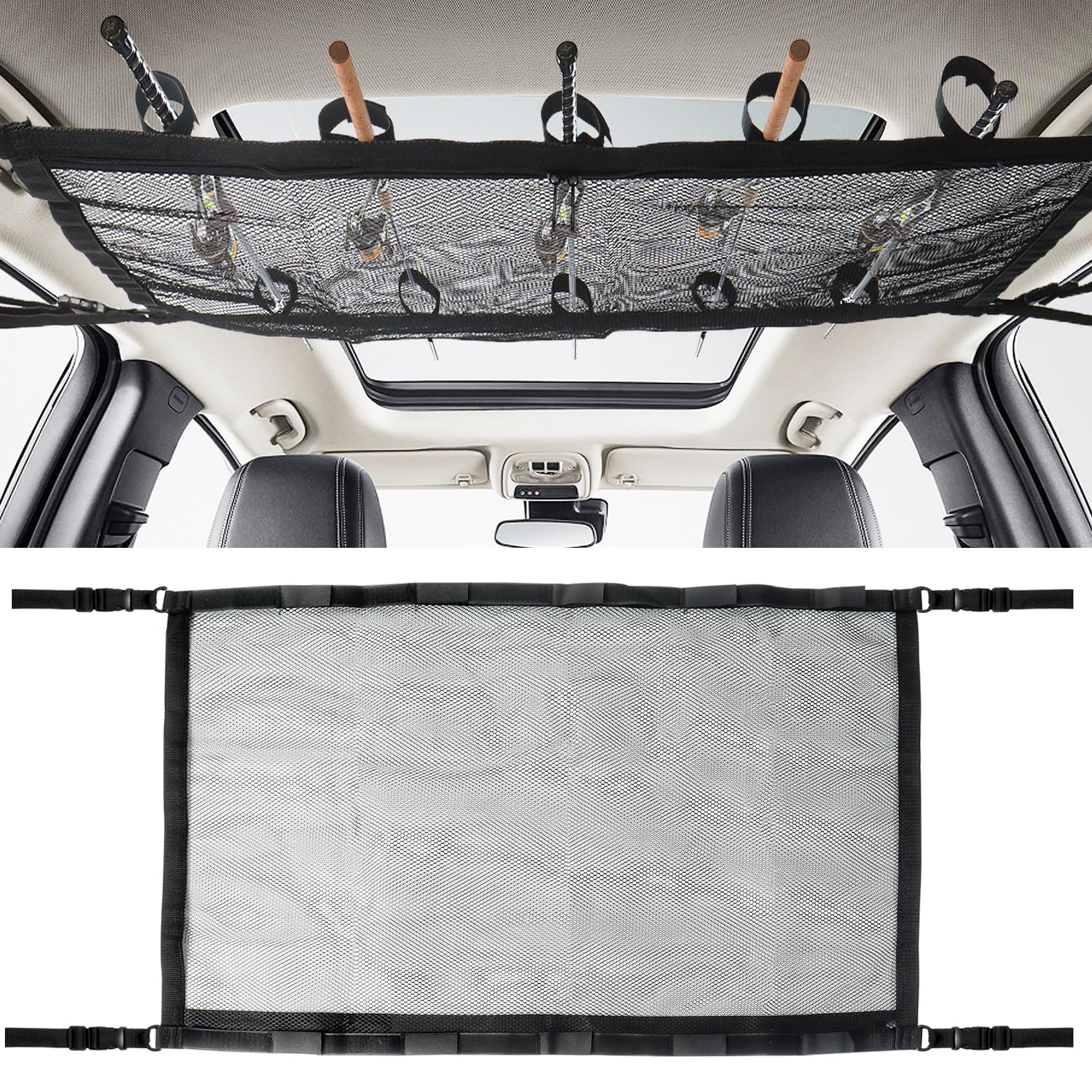 Klmnop car fishing rod holder mounted on car ceiling.