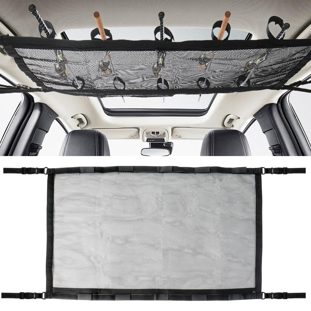 Klmnop car fishing rod holder mounted on car ceiling.