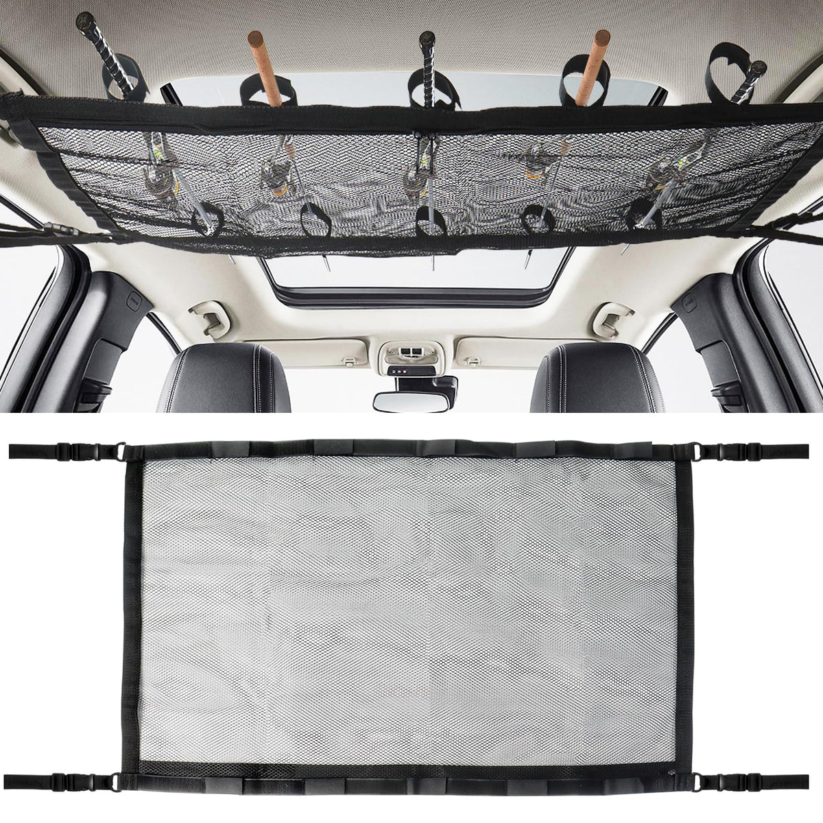 Klmnop car fishing rod holder mounted on car ceiling.