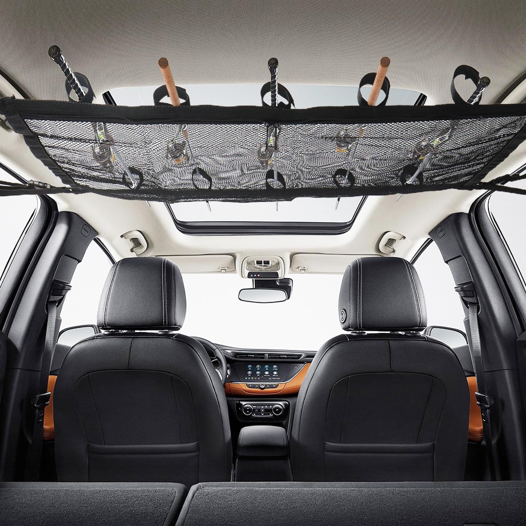 Double-layer ceiling storage holding up to 5 fishing rods.