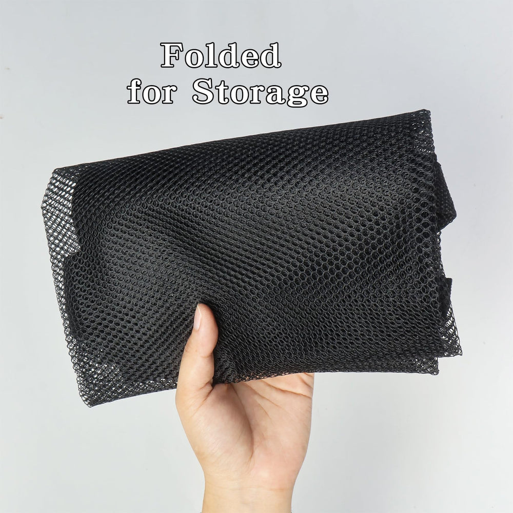 Black polyester mesh fishing rod storage organizer inside the vehicle.