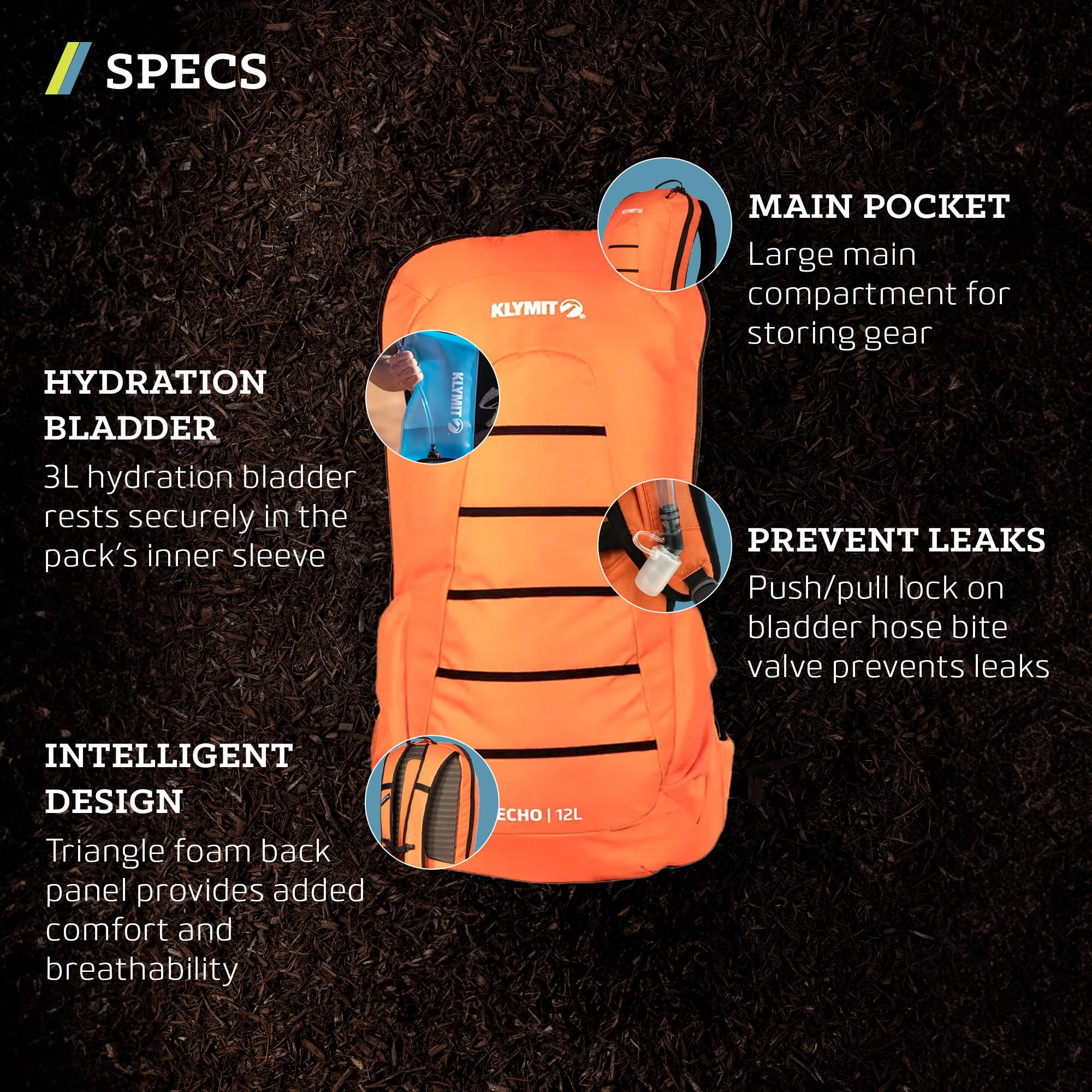 KLYMIT Echo 12L back view highlighting breathable triangle foam back panel