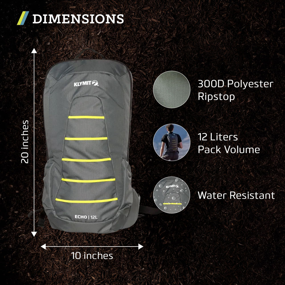 Klymit Echo 12L hydration pack chest strap detail for secure fit.