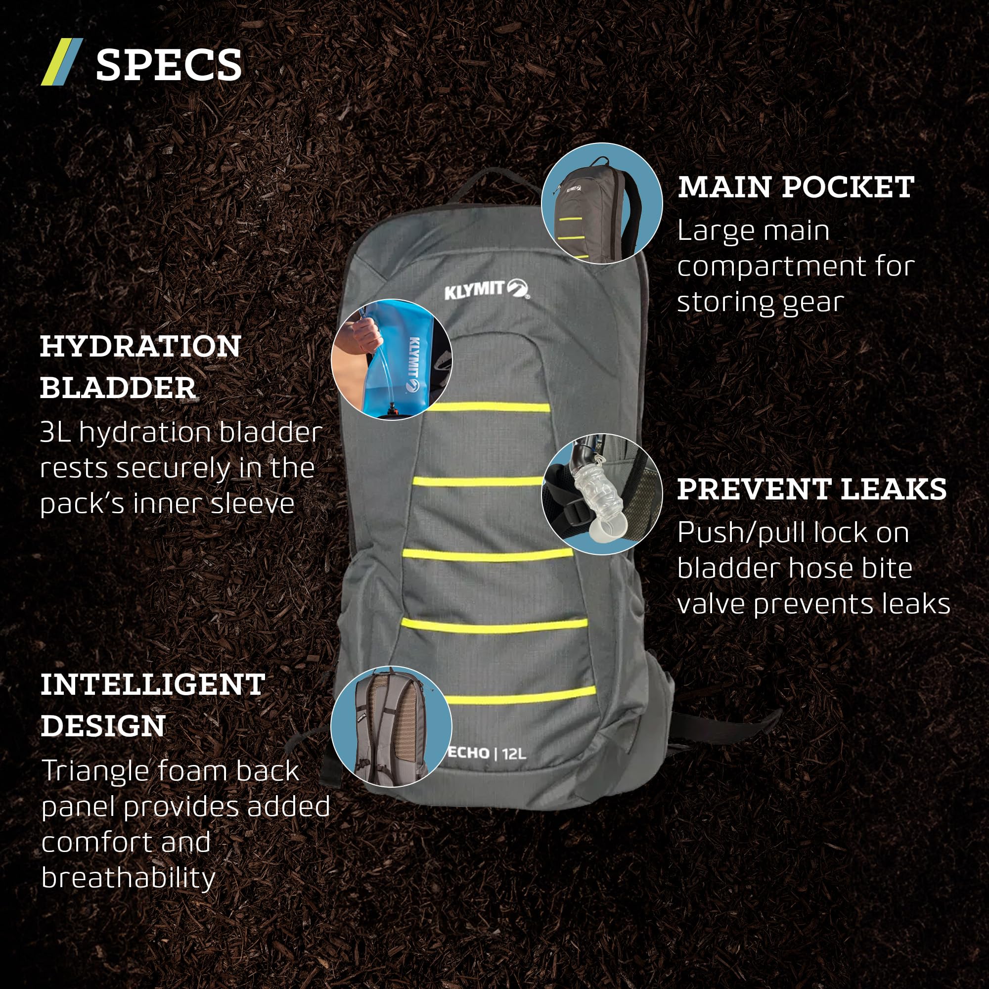 Klymit Echo 12L hydration pack side view for versatile on-the-go use.