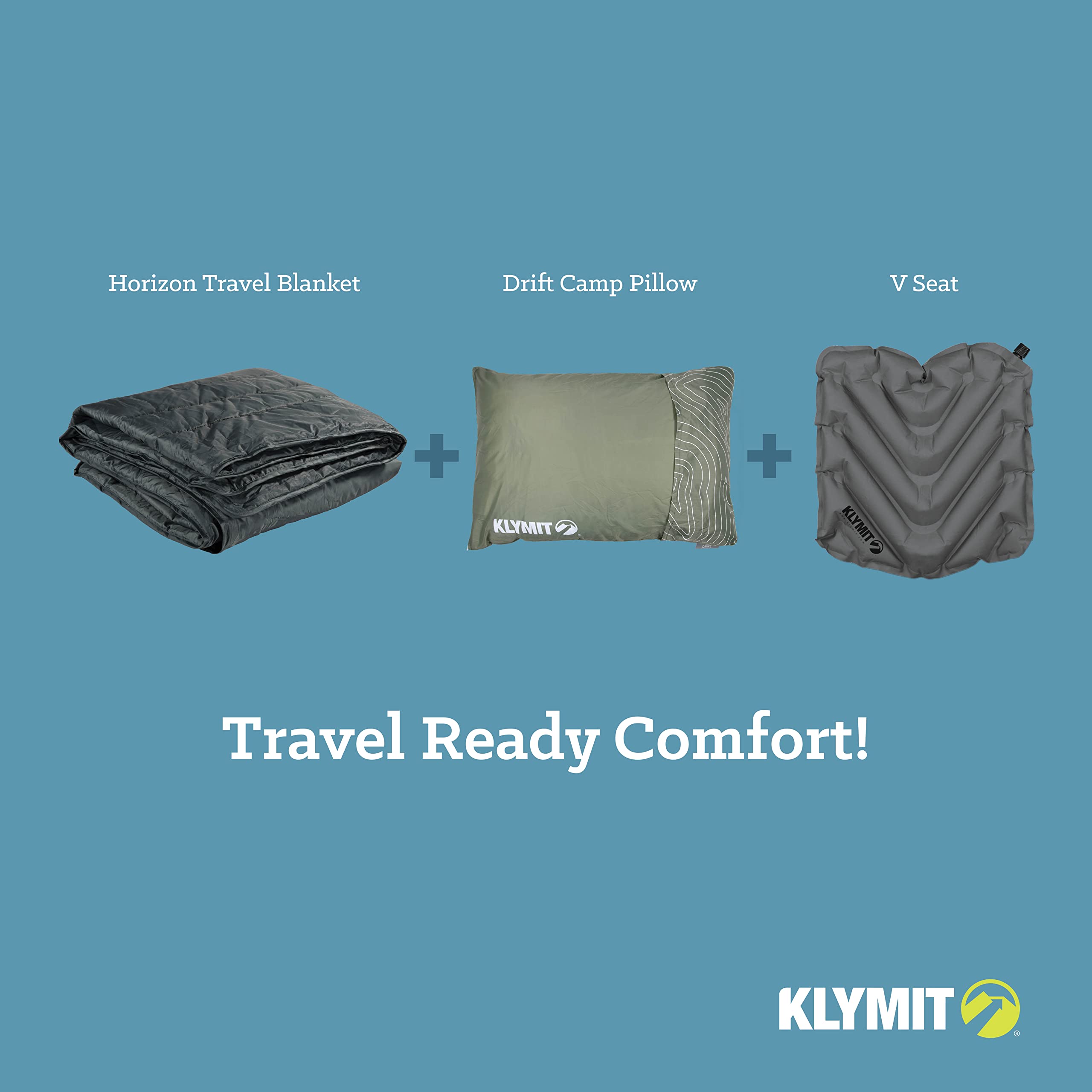 Klymit Horizon Travel Blanket deployed at a campground setup for warmth