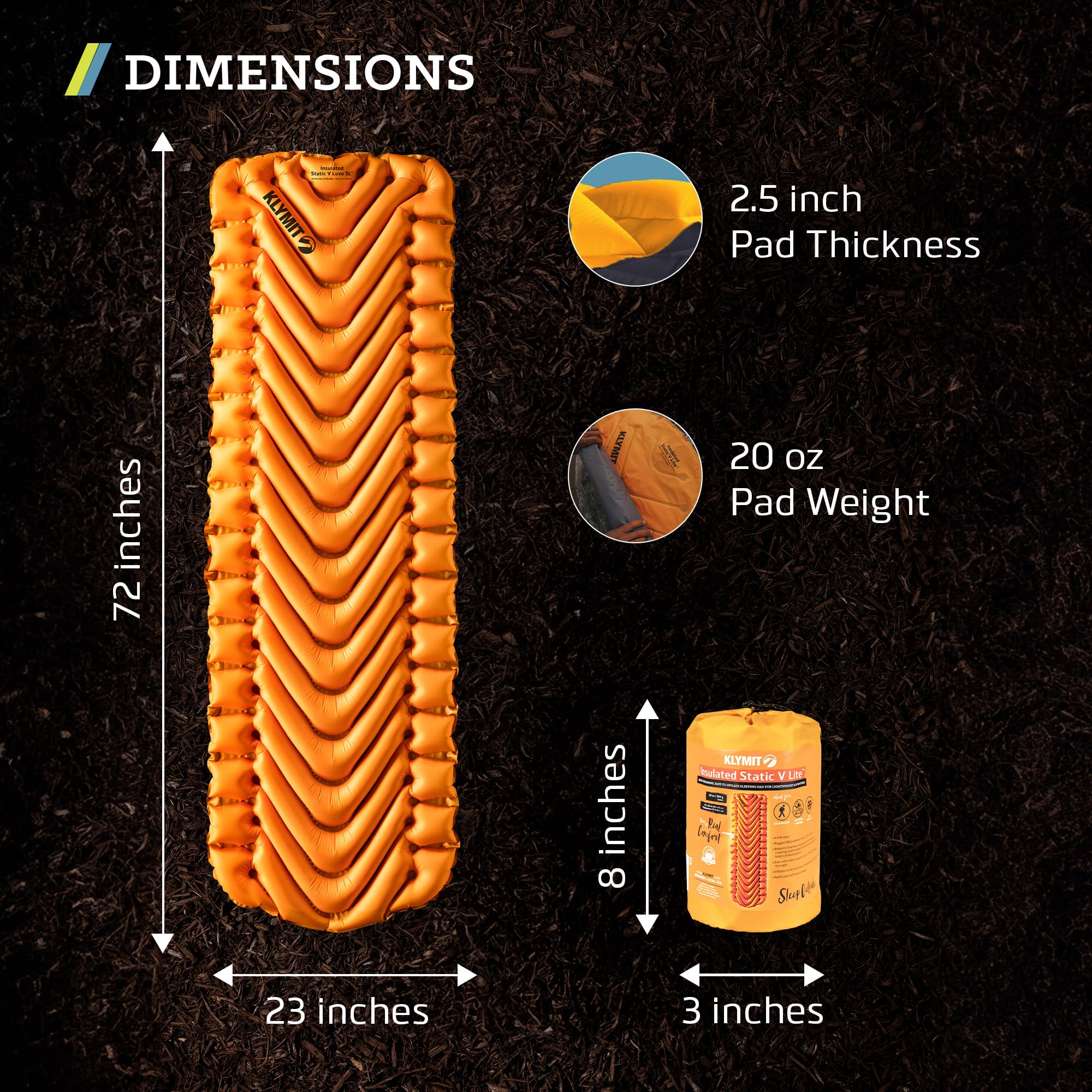 KLYMIT pad with Klymalite insulation providing warmth and light weight for all-season trips.