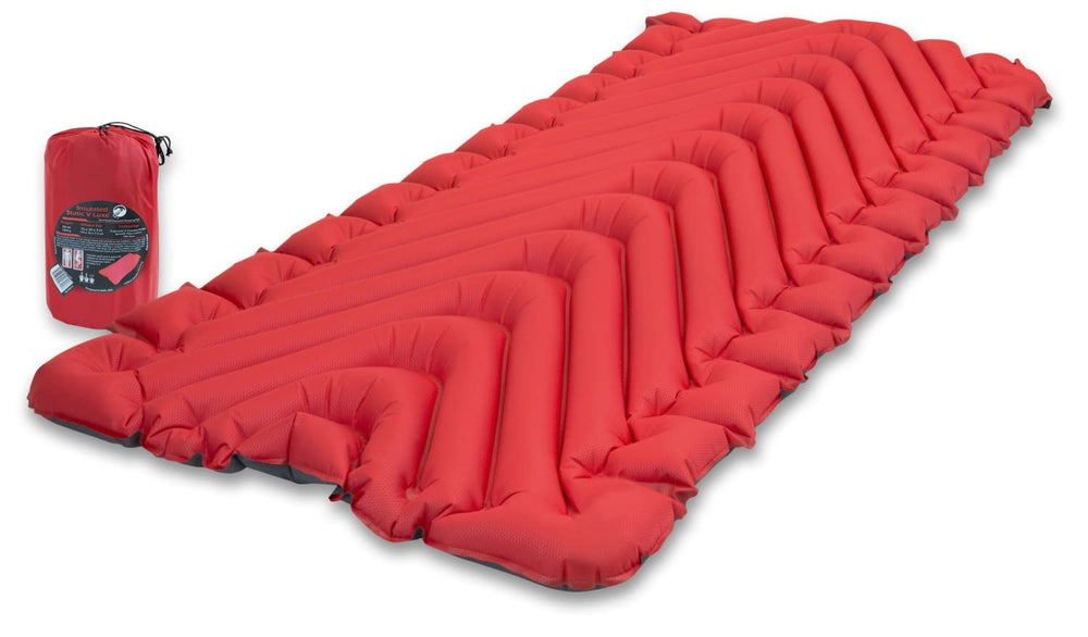 Klymit Insulated Static V Luxe sleeping pad inflated on campsite for all-season comfort