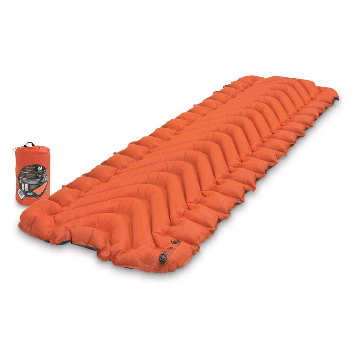 Klymit Insulated Static V sleeping pad orange packed for backpacking