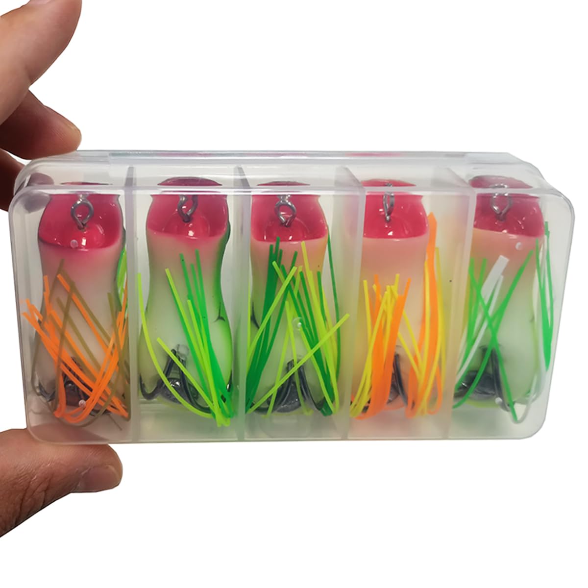 Close-up of Kmucutie frog lures in mixed colors