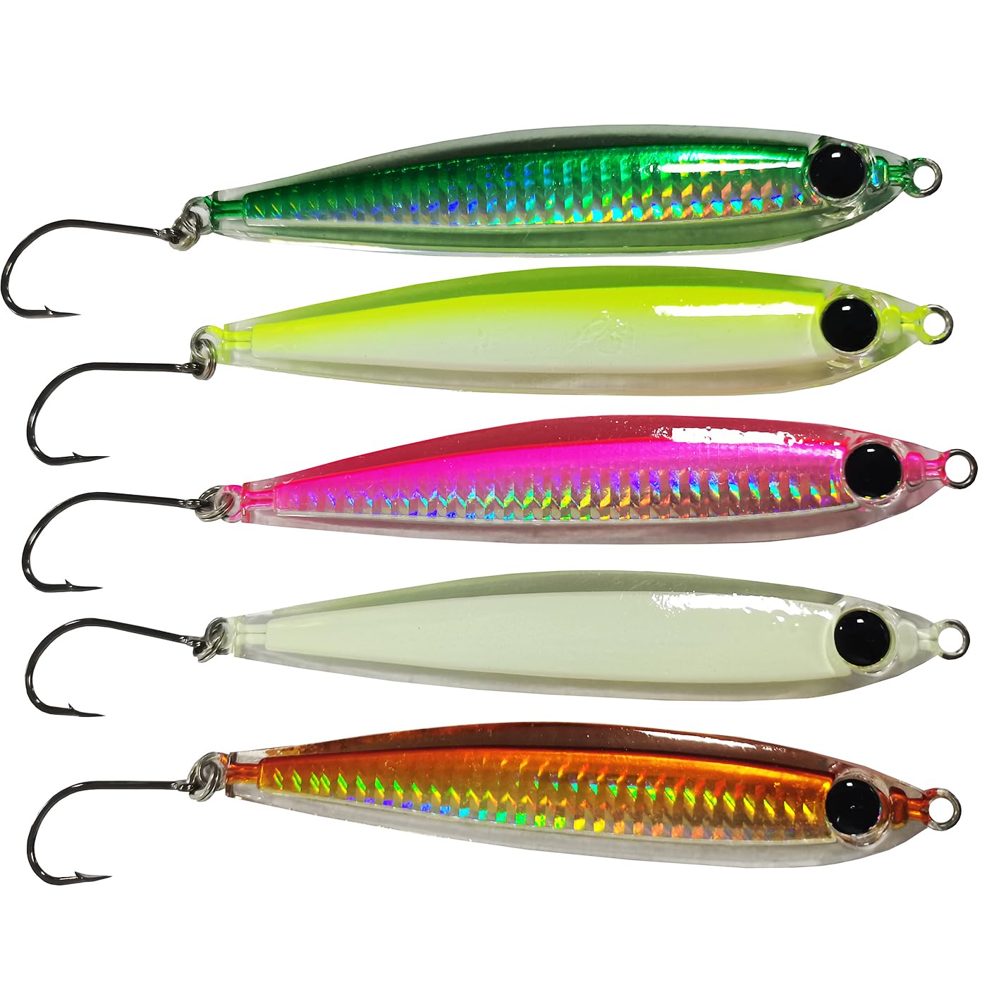 Close-up of Kmucutie epoxy resin jig lure - glossy finish, mixed color A