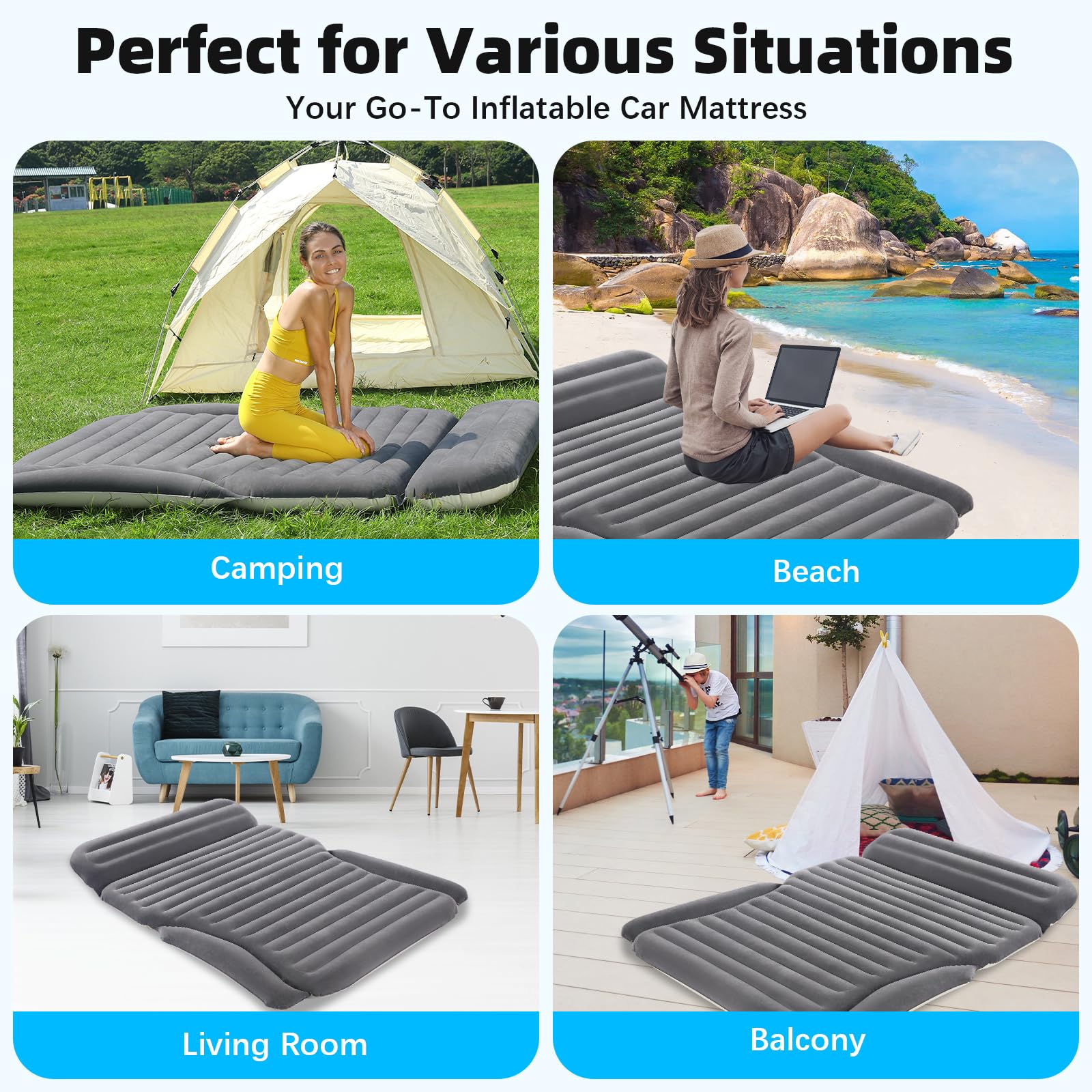 KMZ inflatable SUV air mattress includes two pillows for added comfort on long drives.