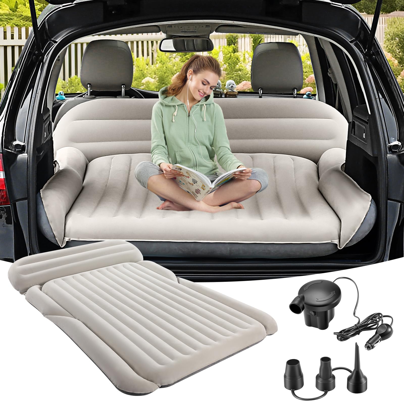 KMZ SUV air mattress car camping scene illustrates versatile sleeping setup.
