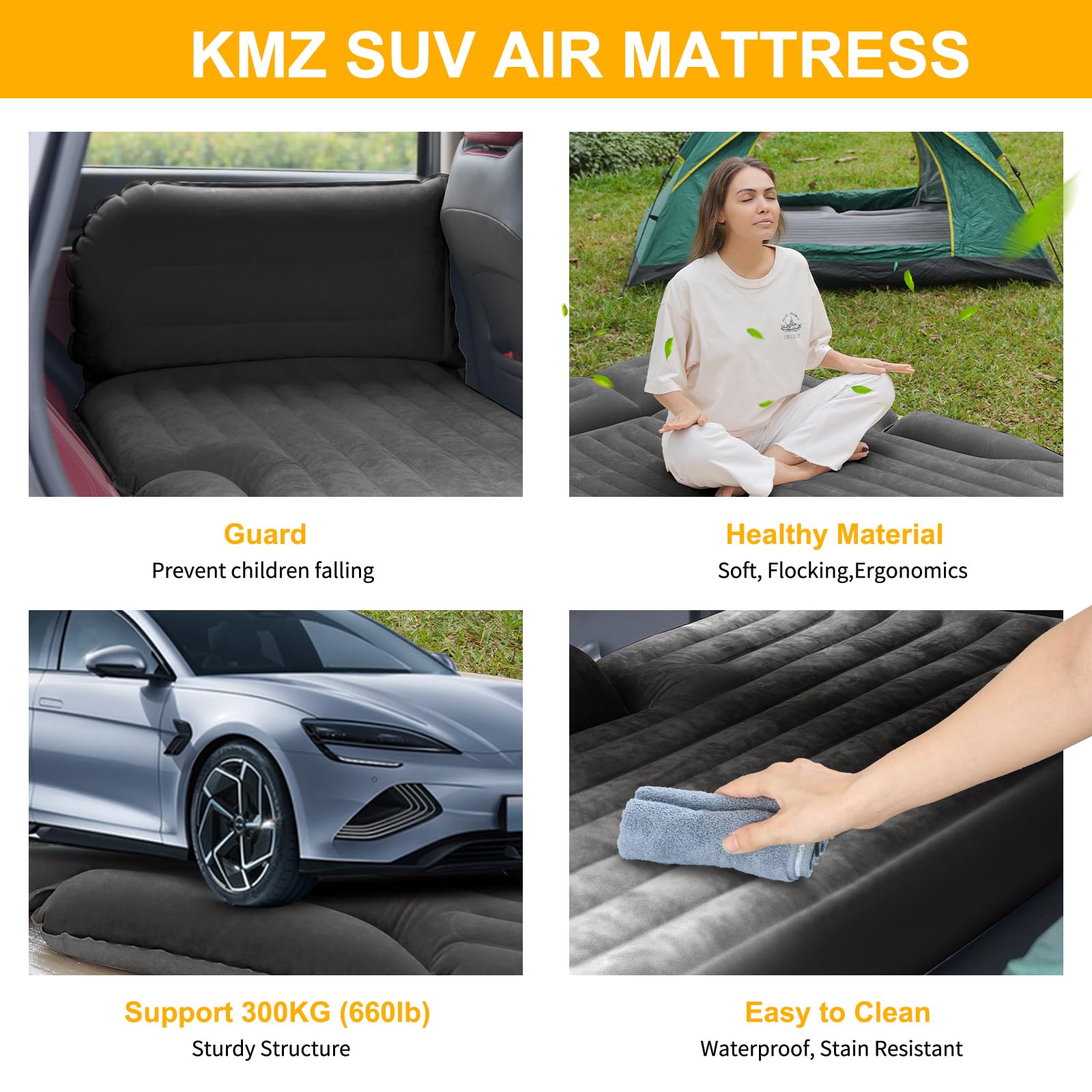 KMZ SUV Air Mattress folded in compact storage bag; portable for travel.