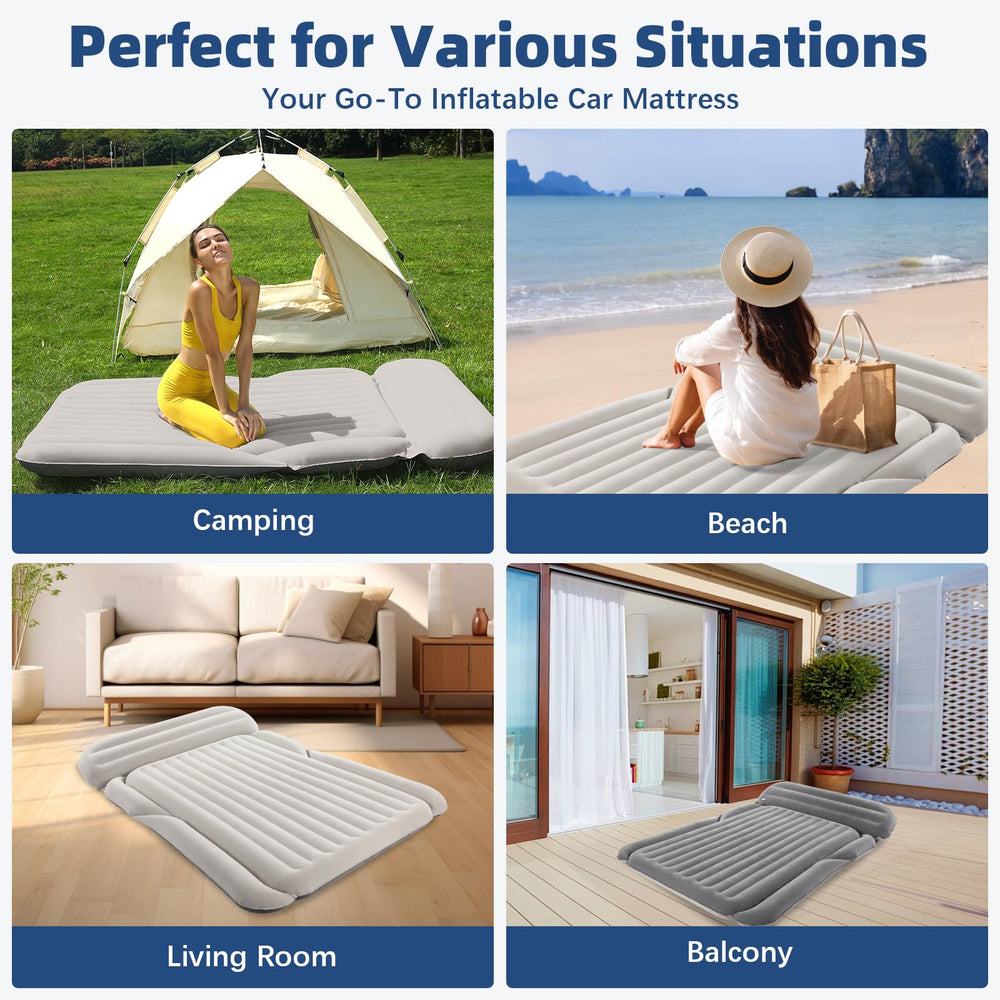 KMZ SUV air mattress in-car fit demonstrates portable sleeping option for journeys.
