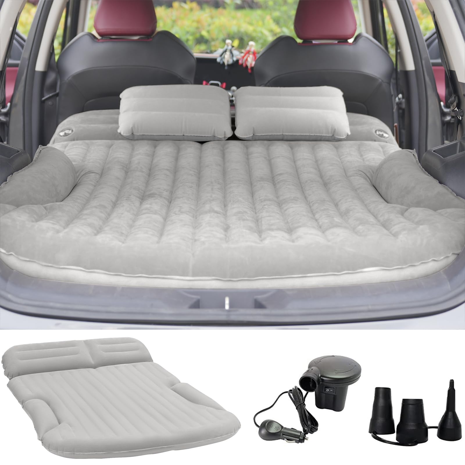 KMZ SUV Air Mattress setup in car trunk with light-gray surface for comfortable rest.