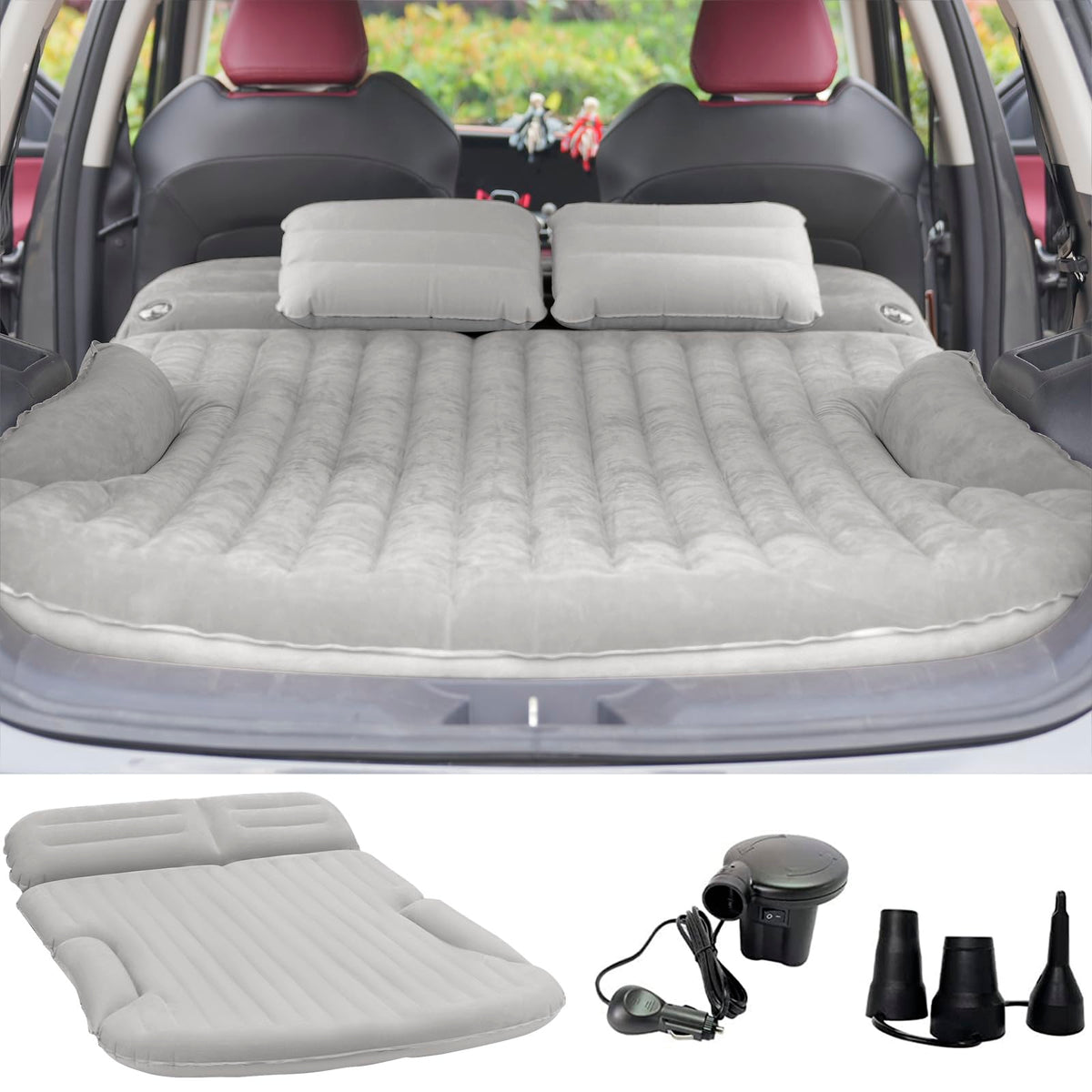 KMZ SUV Air Mattress setup in car trunk with light-gray surface for comfortable rest.