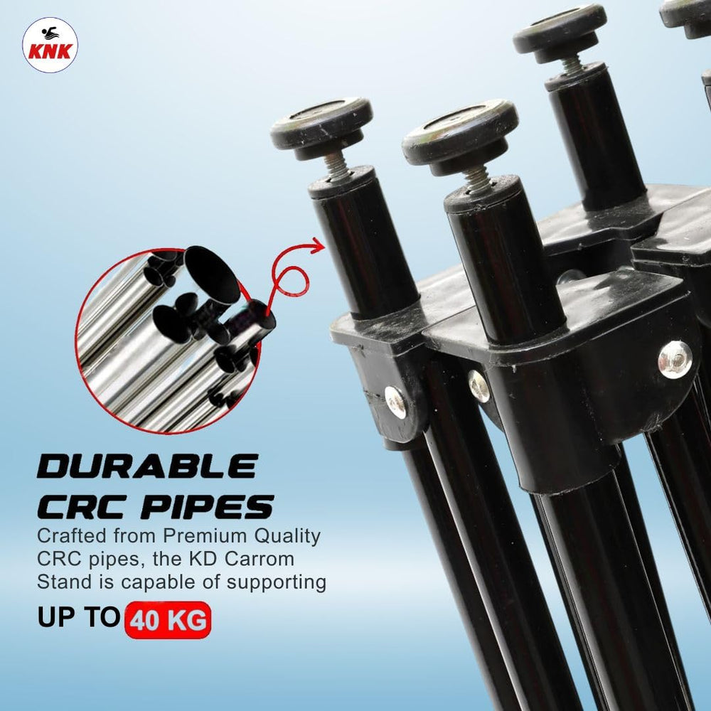 KNK carrom stand shows adjustable width and height to fit boards