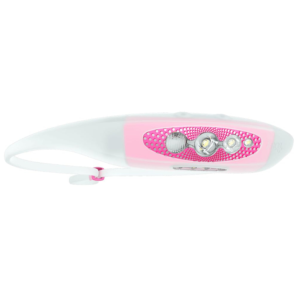 Knog Bilby Run pink headlamp in dim-light scene supports safe night-walking