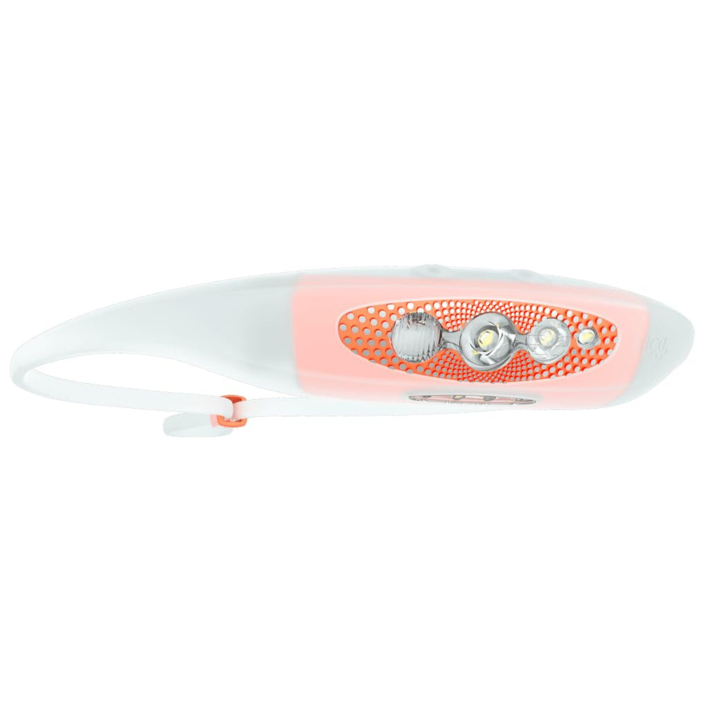 Knog Bilby Run Headlamp orange, tilt function demonstrates adjustable beam.