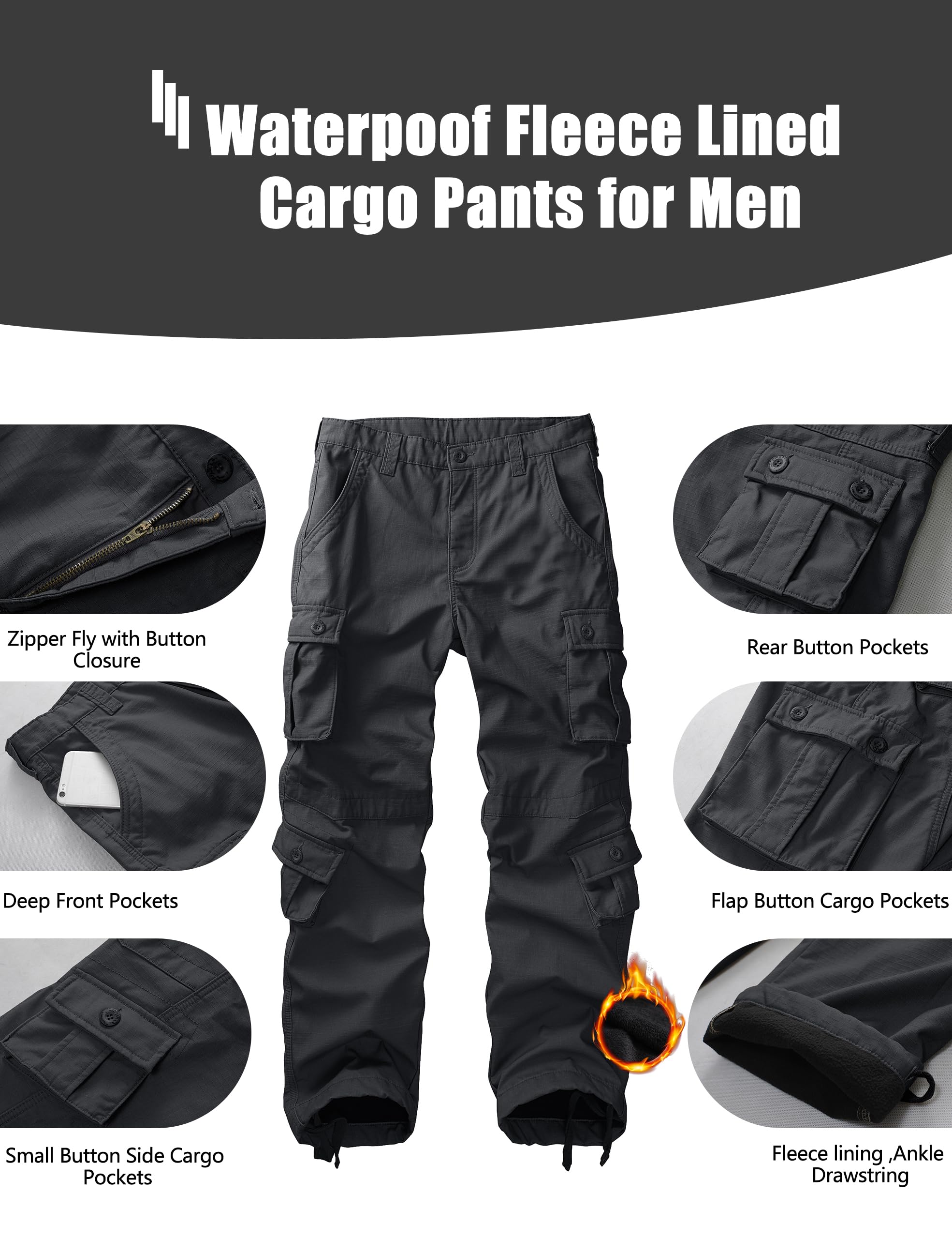 KOCTHOMY fleece-lined hiking pants side-pocket view showing eight-pocket storage for tools