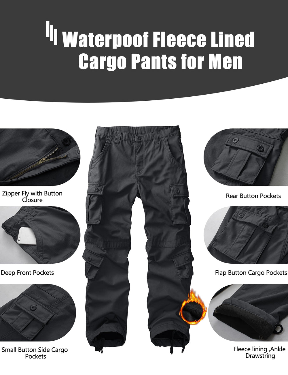 KOCTHOMY fleece-lined hiking pants side-pocket view showing eight-pocket storage for tools