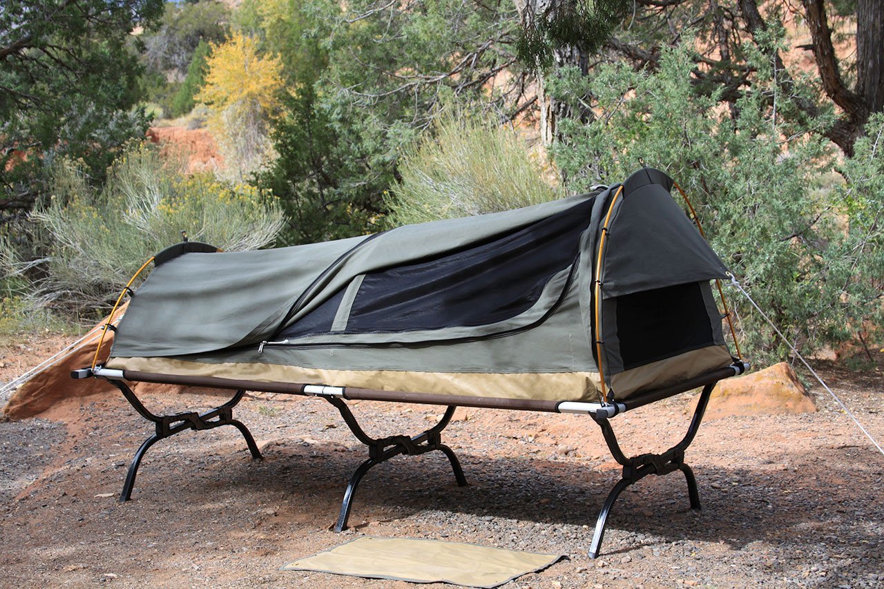KODIAK CANVAS swag tent olive top rolled into screen shelter.