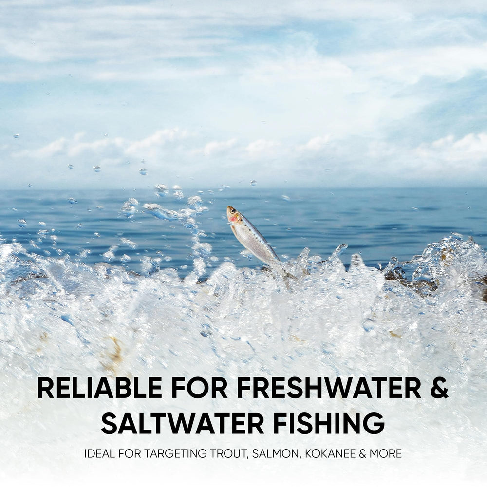 KOKOPROS Kokanee Jet Dodger Silver rig-ready for versatile freshwater or saltwater trolling.