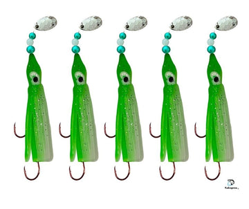 KOKOPROS Luminous Octopus Hoochies 6 cm in green and white, ready to rig for deep-water visibility.