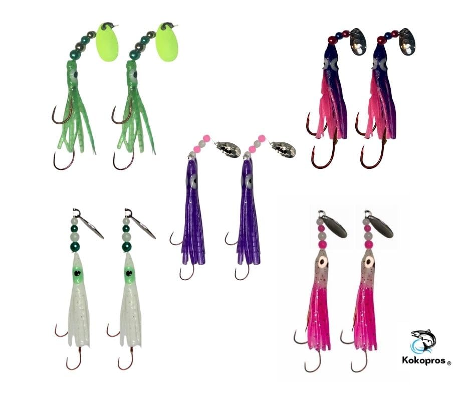 Luminous pink micro hoochies with octopus hook
