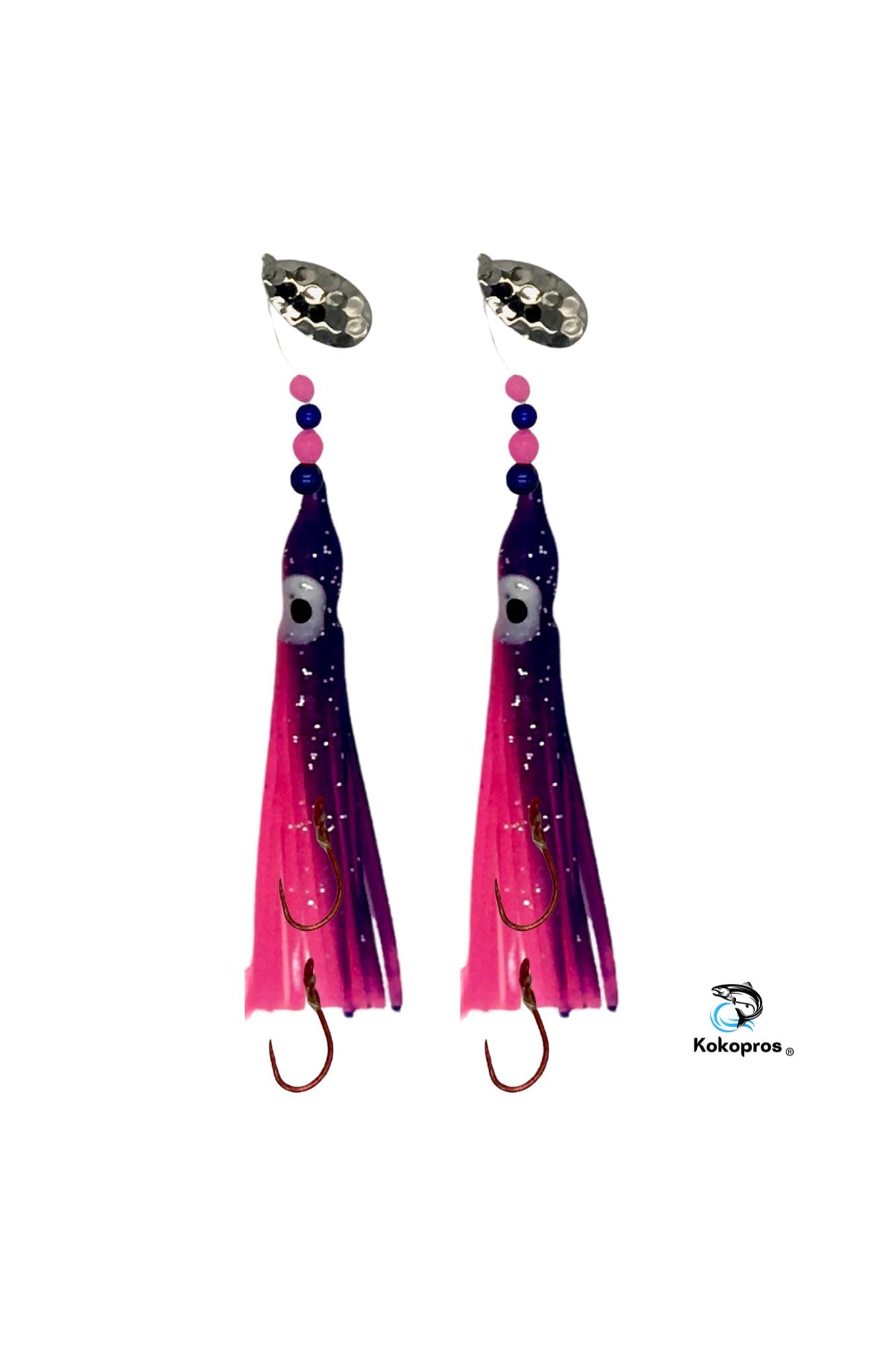 Green and purple UV glow micro hoochie ready for fishing