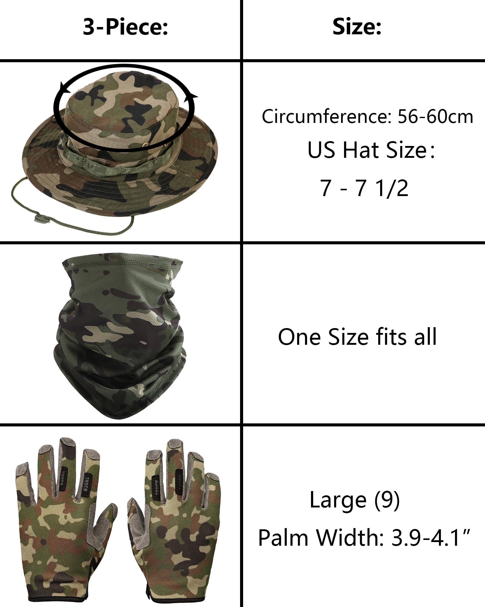 Kolumb 3-piece camo set packaging: hat, gloves, neck gaiter