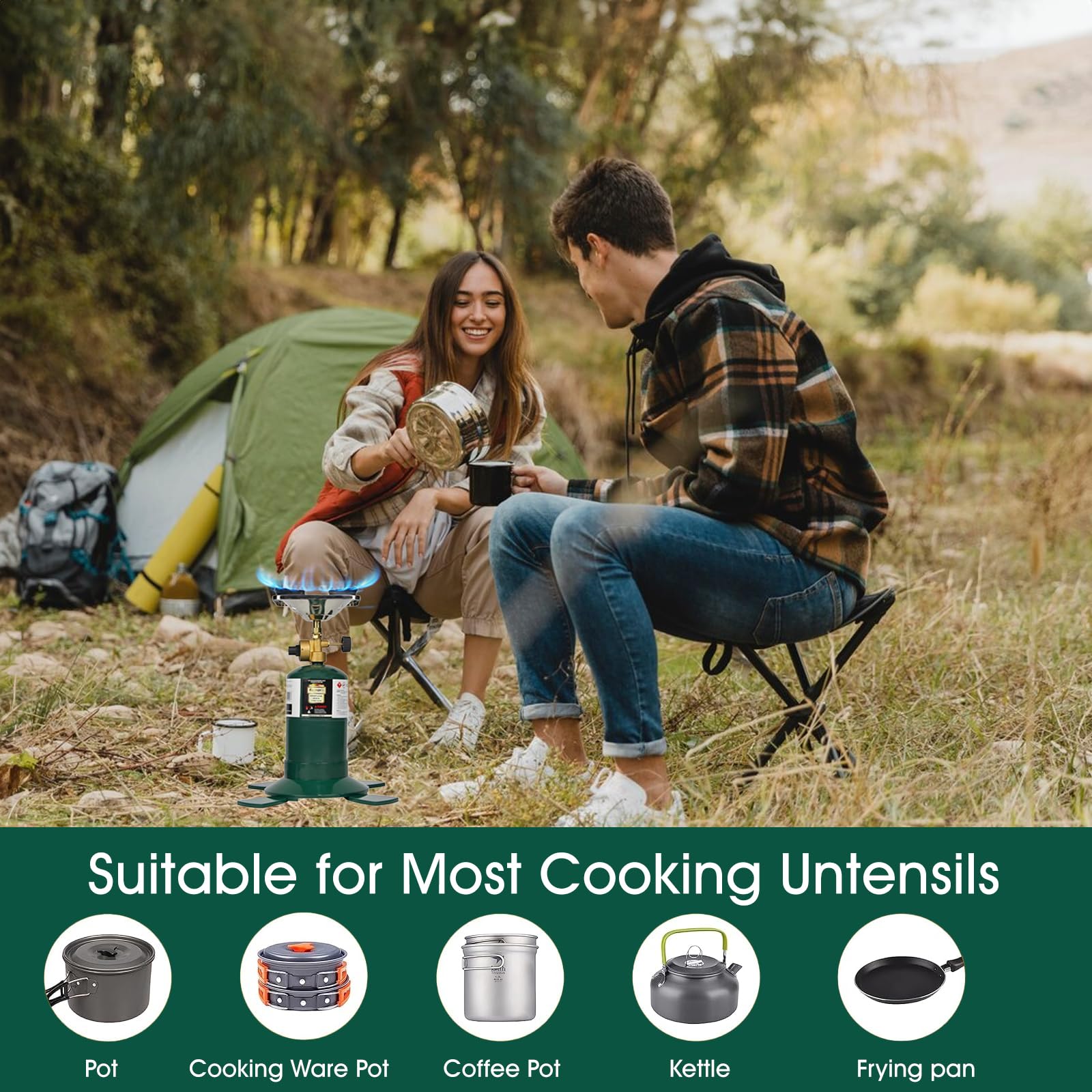 KOMAN stove on stable base beside propane cylinder for safe cooking.