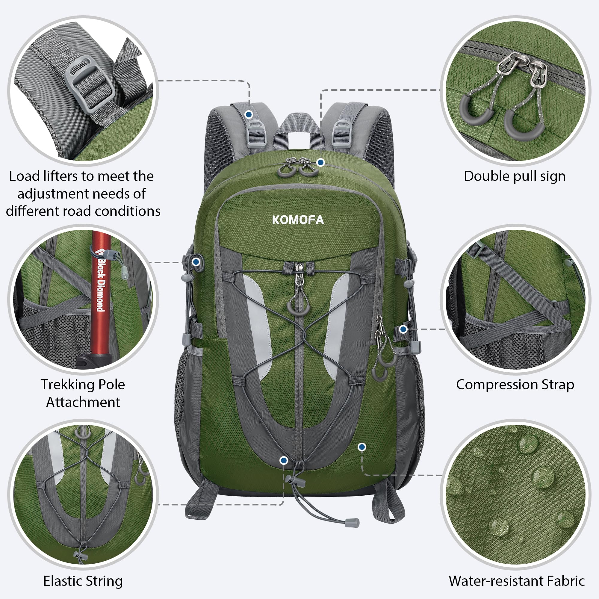 Komofa hiking backpack 30L breathable back panel promotes airflow on hot hikes