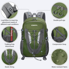 Komofa hiking backpack 30L breathable back panel promotes airflow on hot hikes