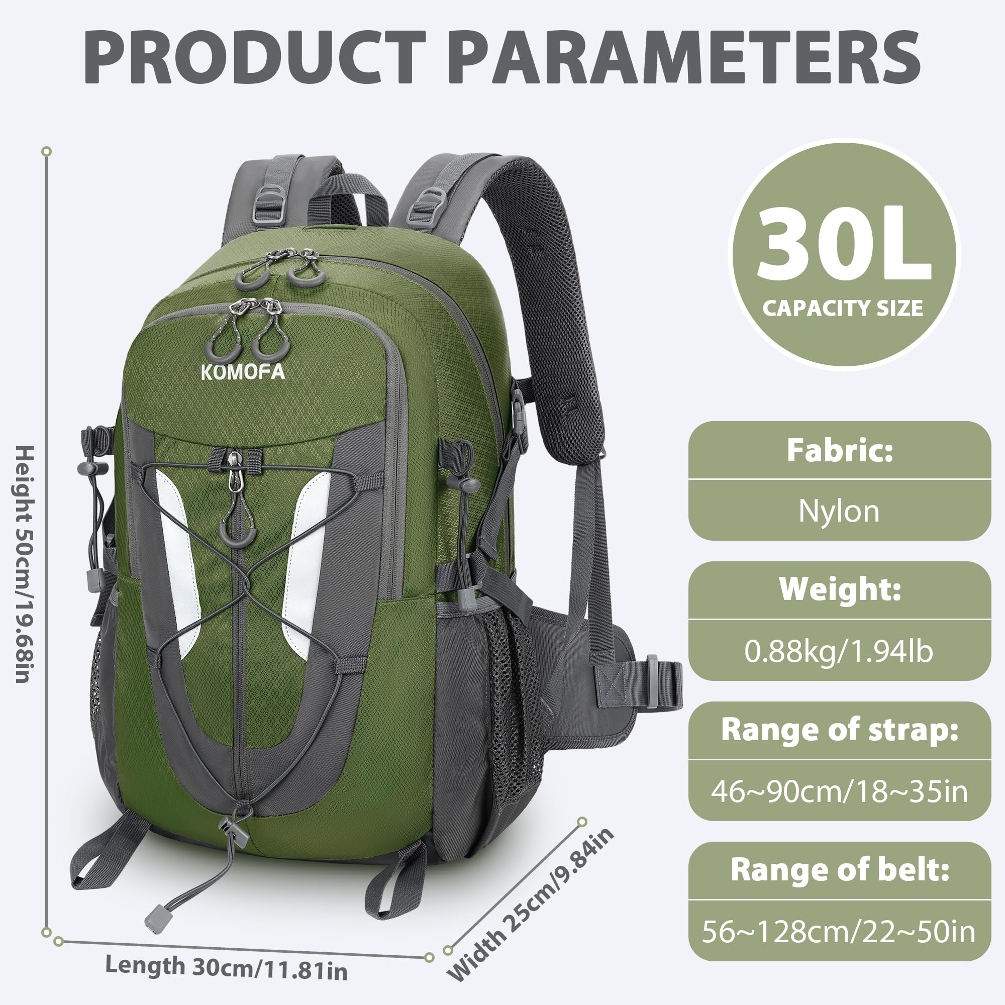 Komofa hiking backpack 30L padded strap close-up emphasizes comfort during long treks