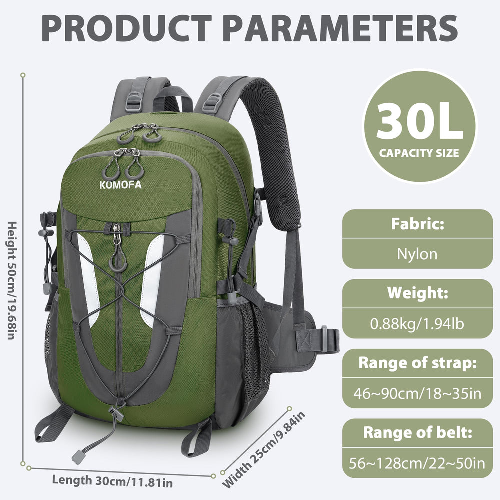 Komofa hiking backpack 30L padded strap close-up emphasizes comfort during long treks