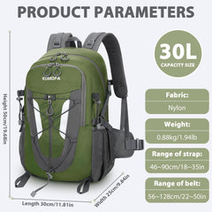 Komofa hiking backpack 30L padded strap close-up emphasizes comfort during long treks