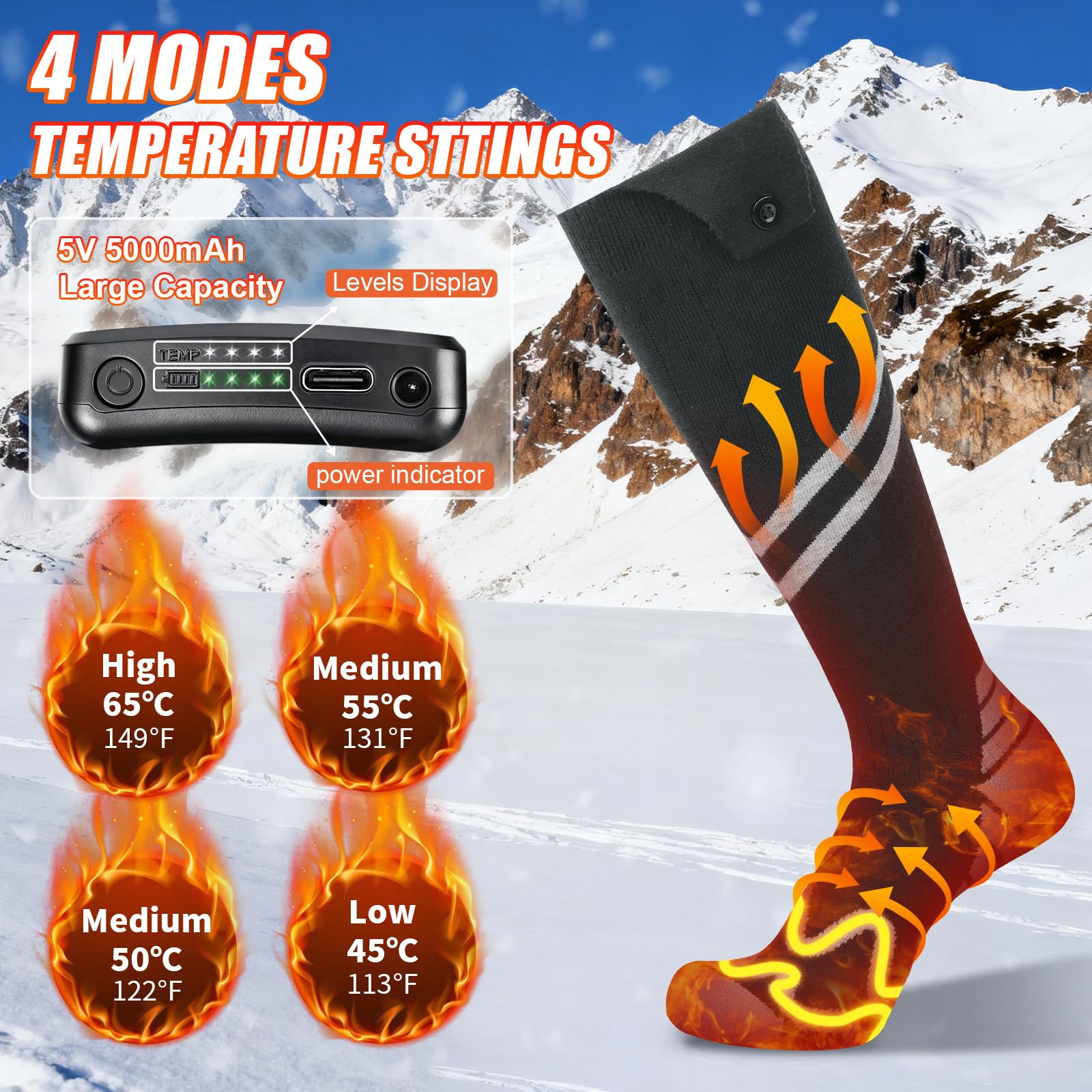 KOMPMP heated socks battery pack close-up highlighting dual 5000mAh capacity for extended warmth